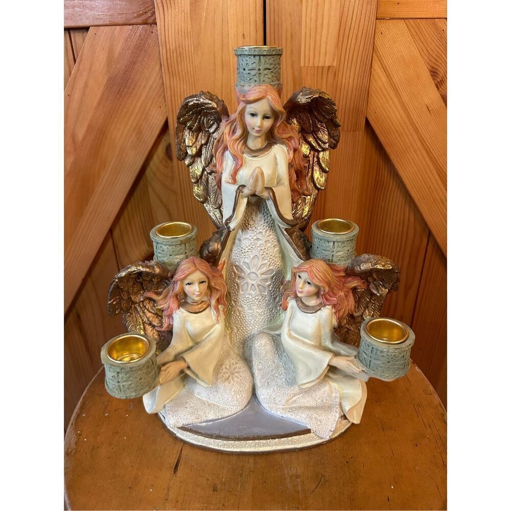 Vtg 3 Christmas Angels 5 Candle Candelabra Large Centerpiece Holiday Brass Resin